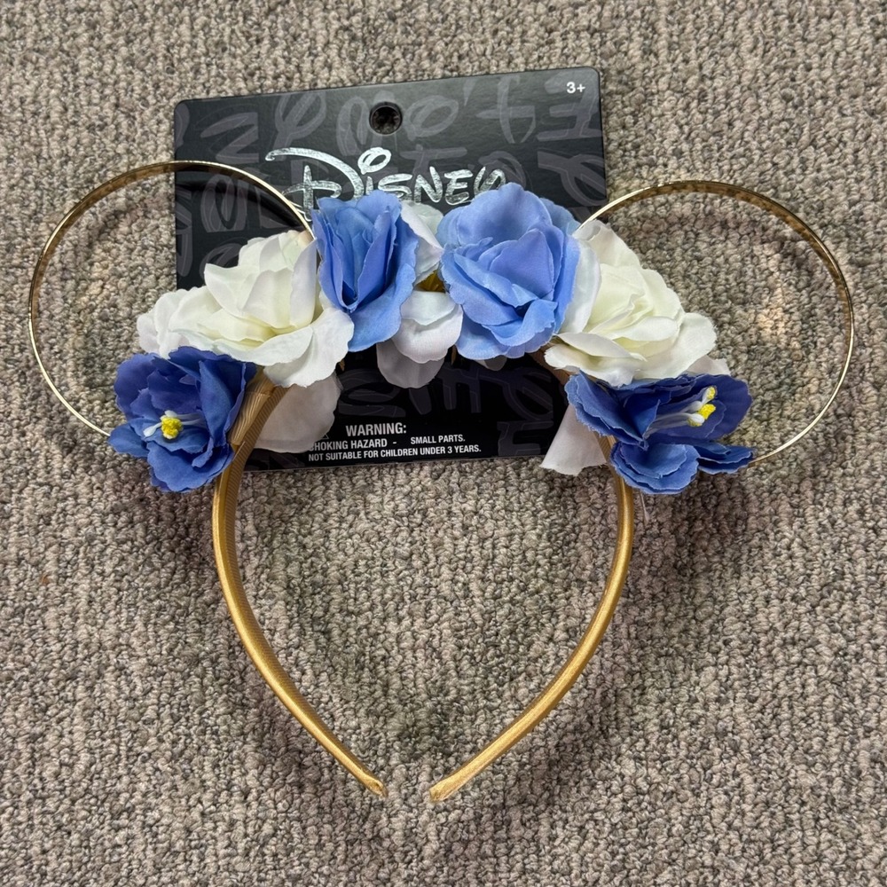 Disney Parks Floral Mickey Ears Gold Wire Headband‎ Blue White Roses NWT
